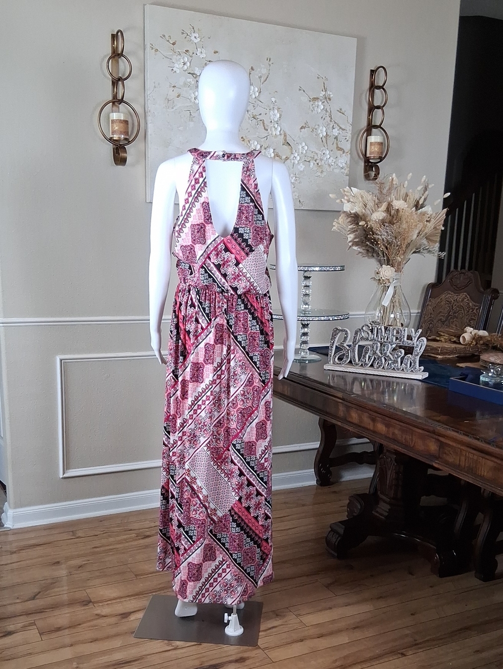 Trixxi Women's Halter Pink Multi Boho Maxi Dress Size Large Summer Dress - Picture 8 of 14